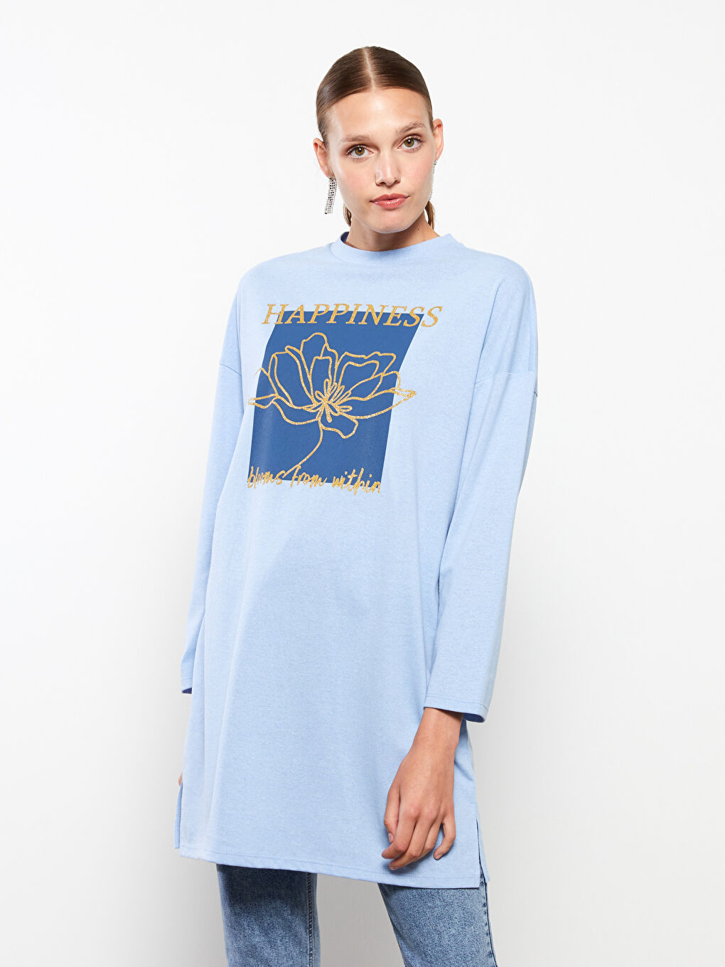 Mavi Bisiklet Yaka Baskılı Uzun Kollu Kadın Tunik-4