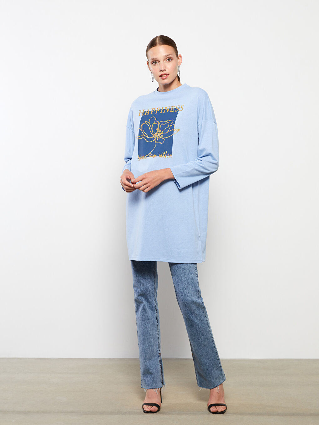 Mavi Bisiklet Yaka Baskılı Uzun Kollu Kadın Tunik-5