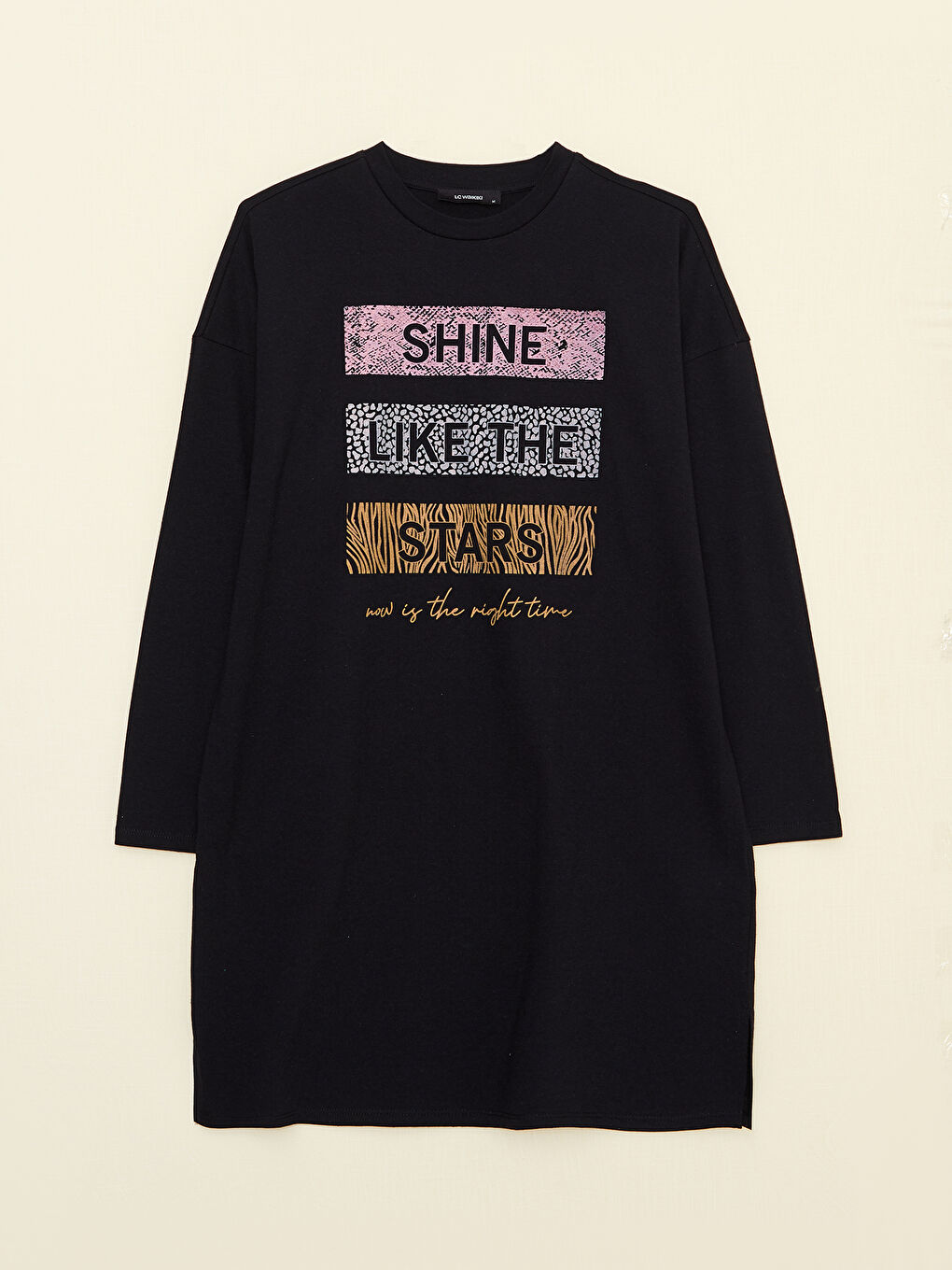 Siyah Bisiklet Yaka Baskılı Uzun Kollu Kadın Tunik-5