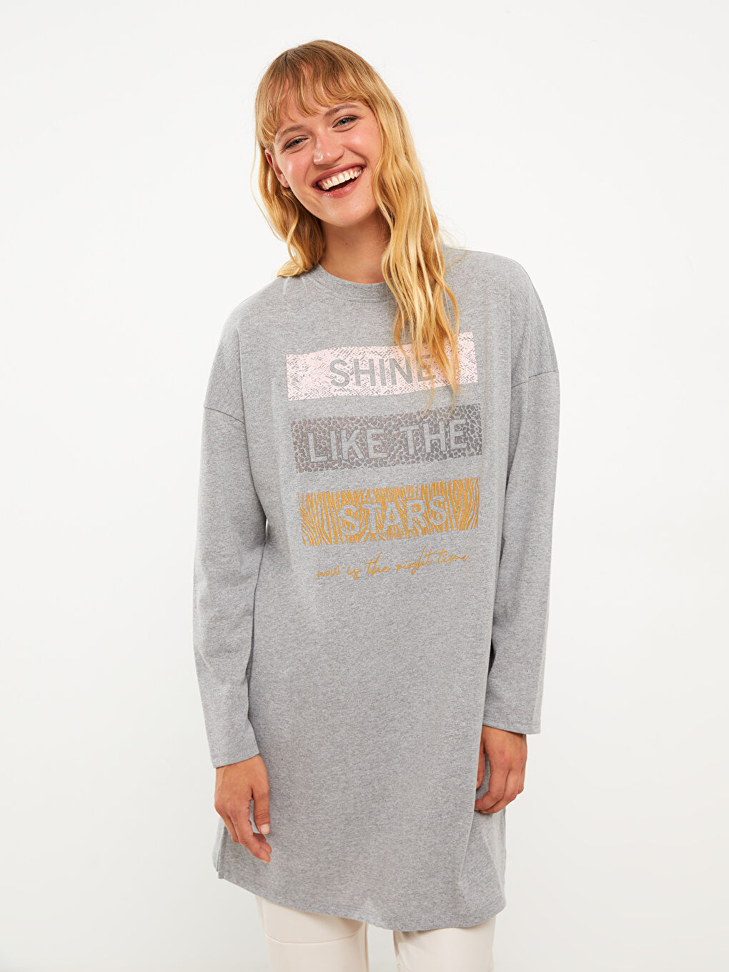 Gri Bisiklet Yaka Baskılı Uzun Kollu Kadın Tunik-2