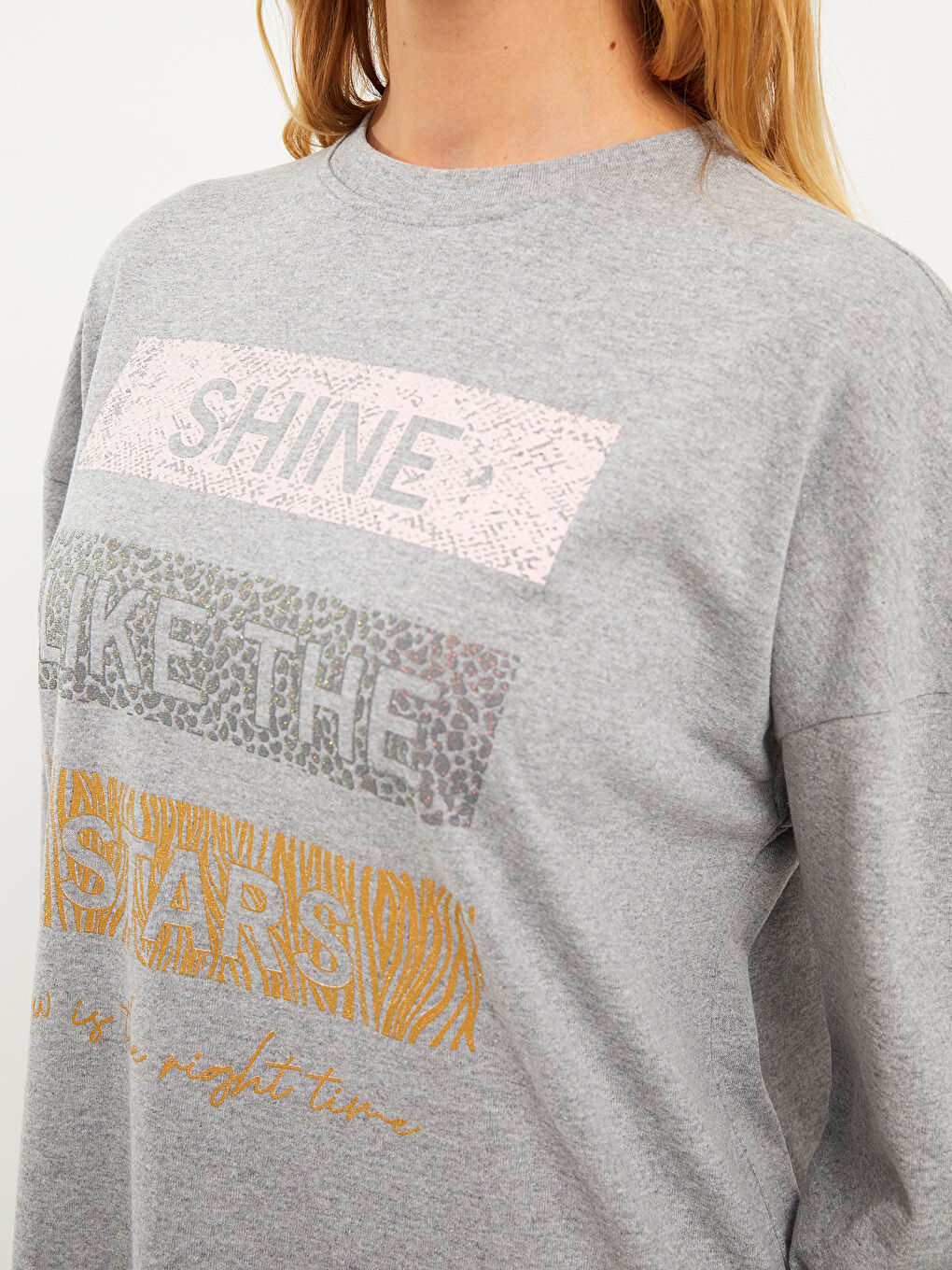 Gri Bisiklet Yaka Baskılı Uzun Kollu Kadın Tunik-3