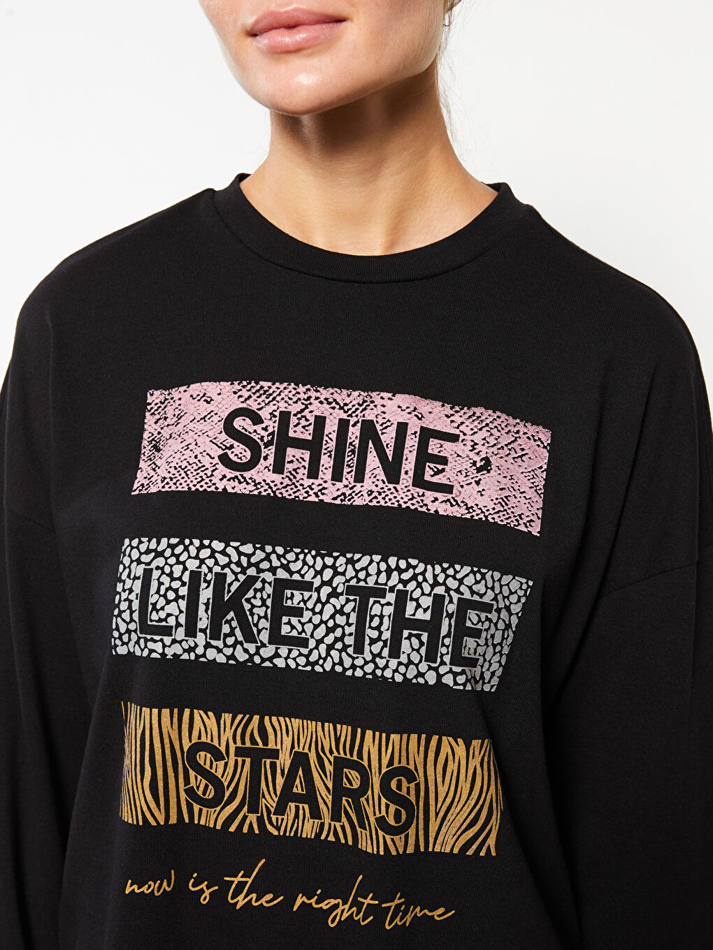 Siyah Bisiklet Yaka Baskılı Uzun Kollu Kadın Tunik-3