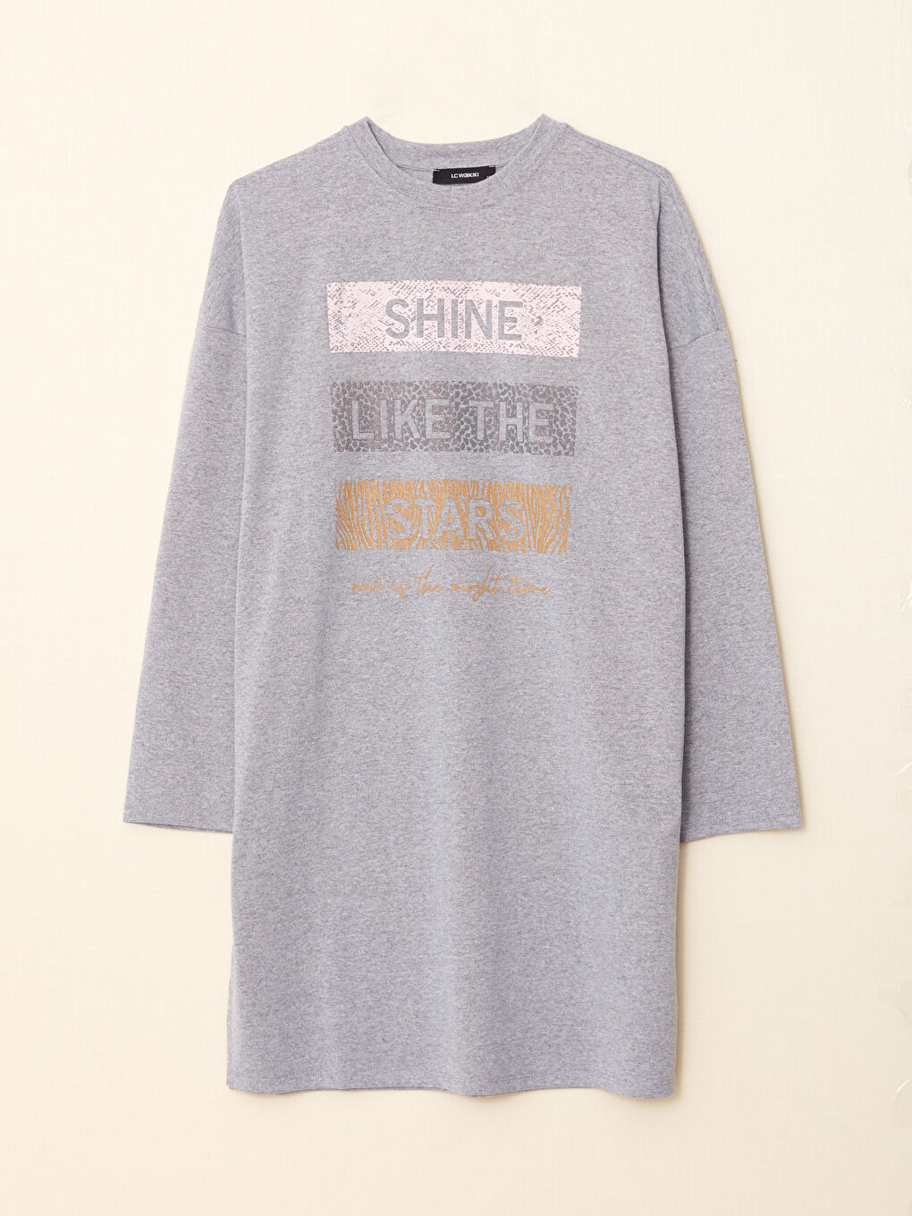 Gri Bisiklet Yaka Baskılı Uzun Kollu Kadın Tunik-5