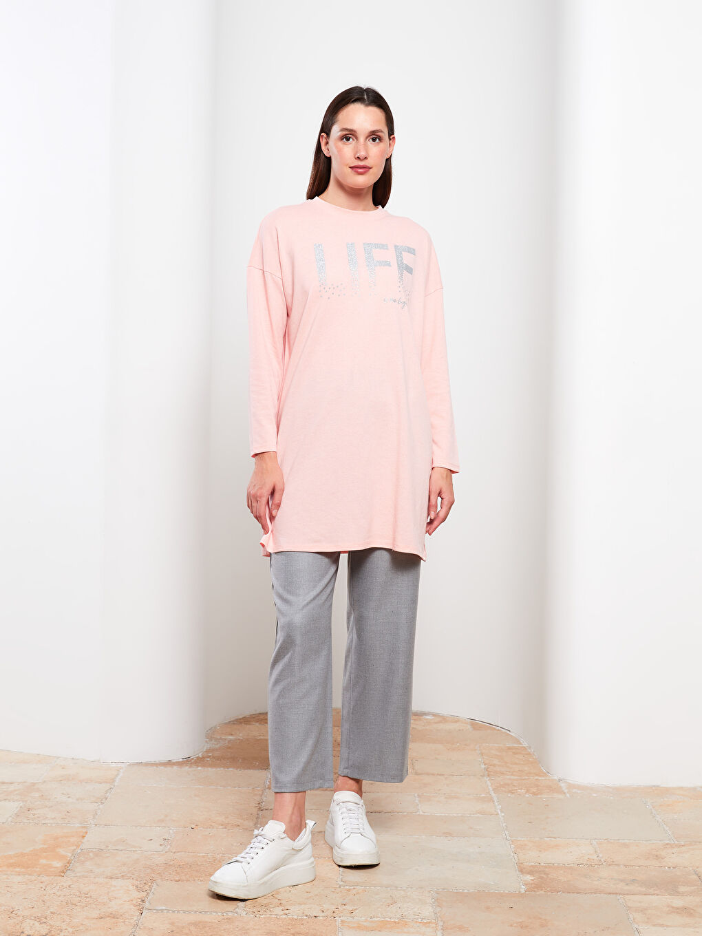 Pembe Bisiklet Yaka Baskılı Uzun Kollu Kadın Tunik