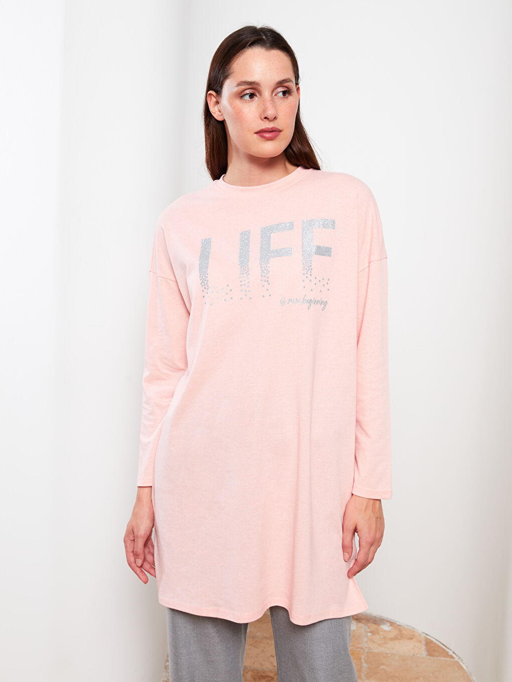 Pembe Bisiklet Yaka Baskılı Uzun Kollu Kadın Tunik-1