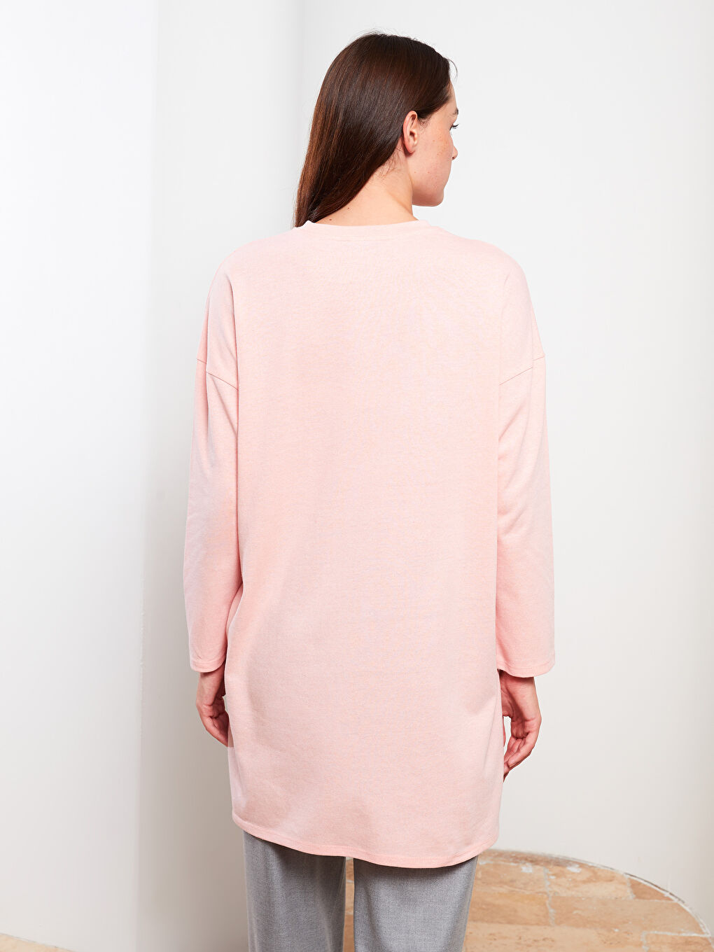 Pembe Bisiklet Yaka Baskılı Uzun Kollu Kadın Tunik-3