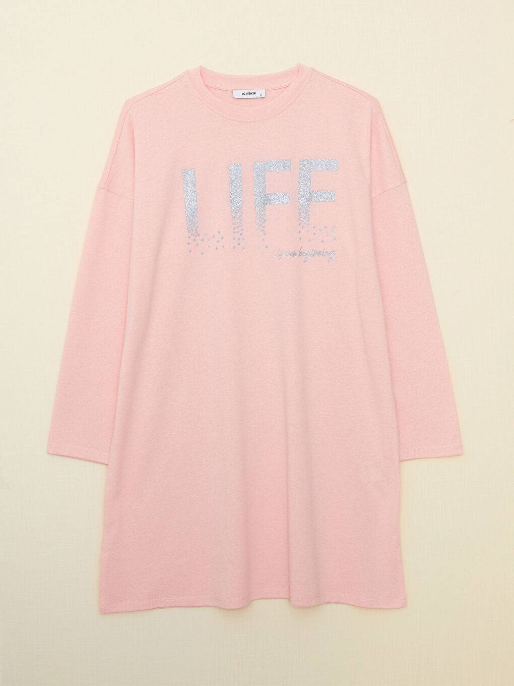 Pembe Bisiklet Yaka Baskılı Uzun Kollu Kadın Tunik-4