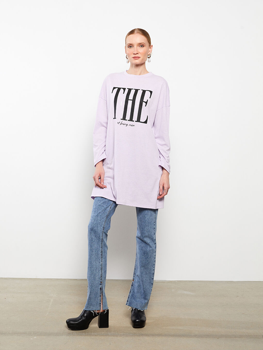 تونيك كم طويل مطبوع بياقة دائرية للسيدات