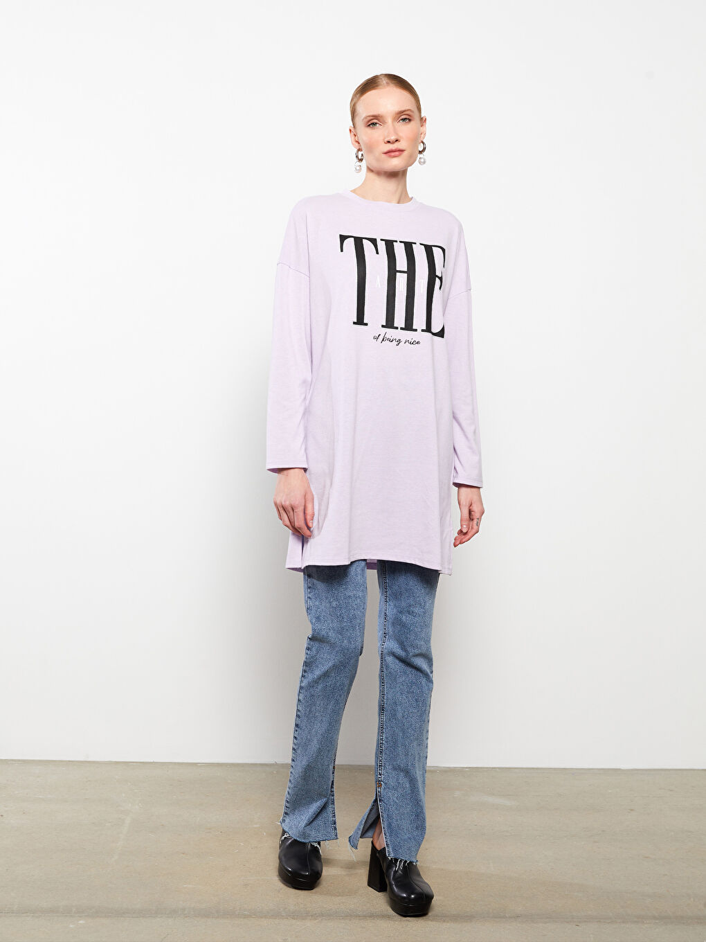 تونيك كم طويل مطبوع بياقة دائرية للسيدات-1