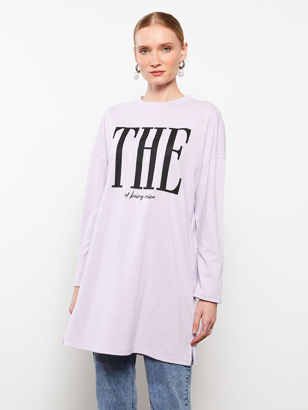 تونيك كم طويل مطبوع بياقة دائرية للسيدات-2