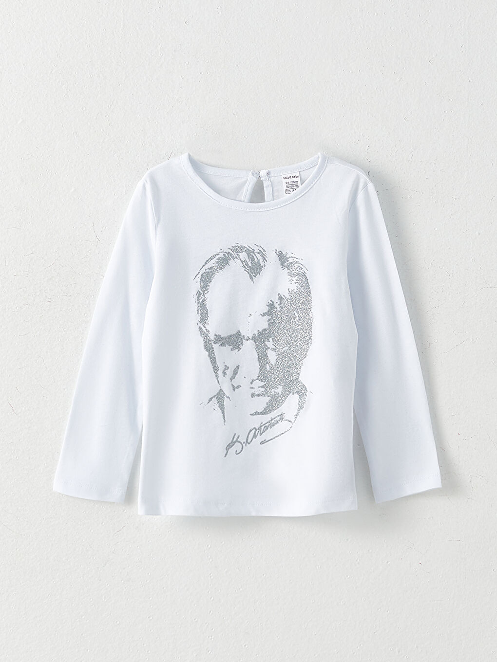 Beyaz Bisiklet Yaka Uzun Kollu Atatürk Baskılı Kız Bebek Tişört