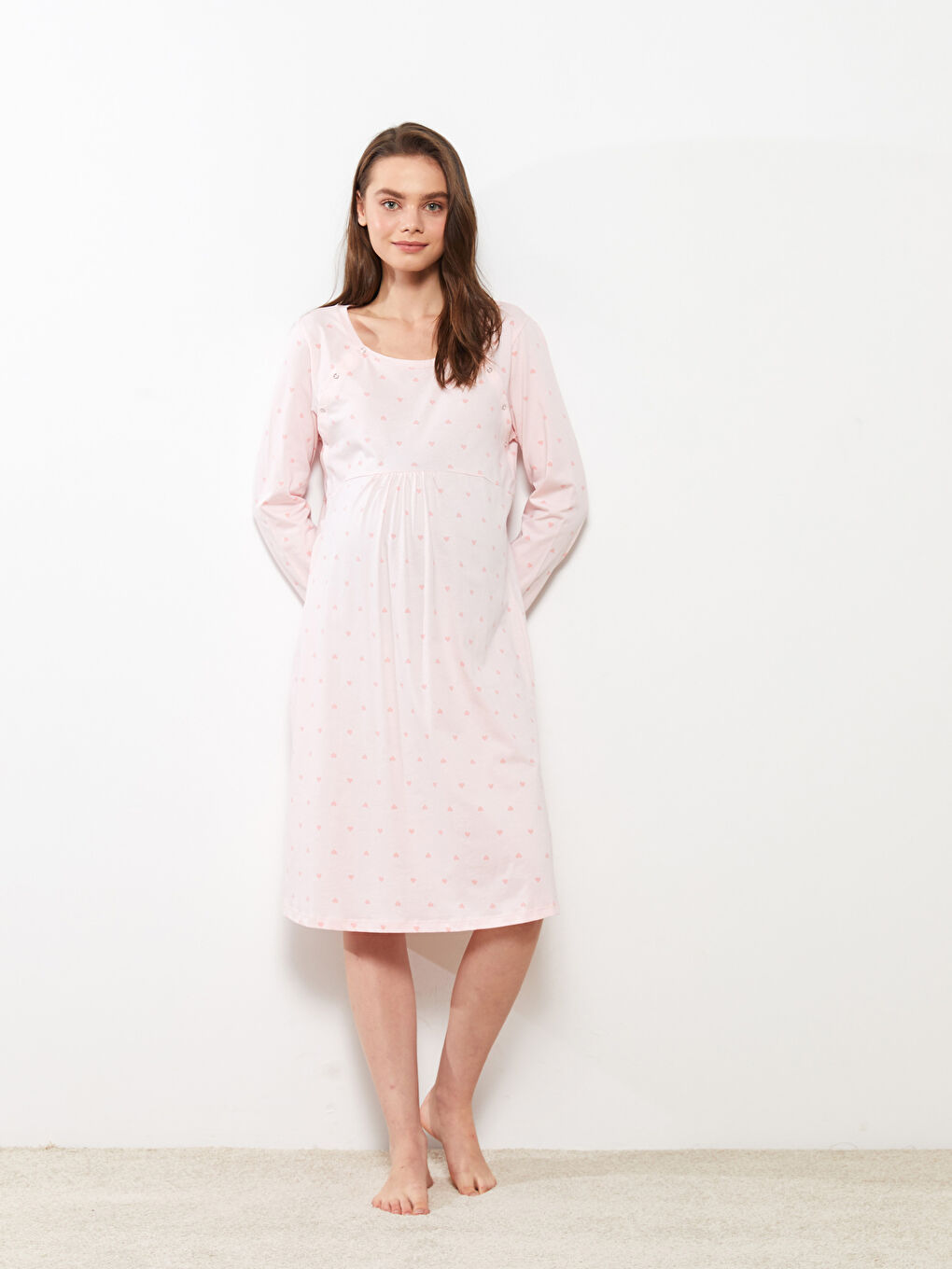 LCW DREAM U Neck Patterned Long Sleeve Cotton Maternity Nightgown -W2ED92Z8-LSZ