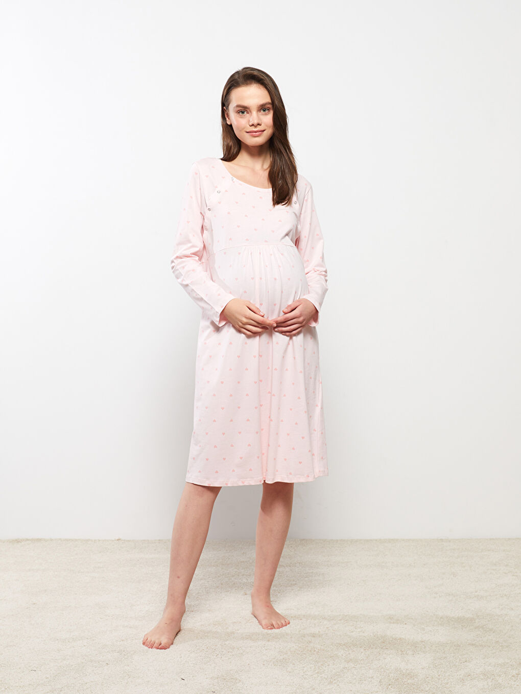 LCW DREAM U Neck Patterned Long Sleeve Cotton Maternity Nightgown -W2ED92Z8-LSZ