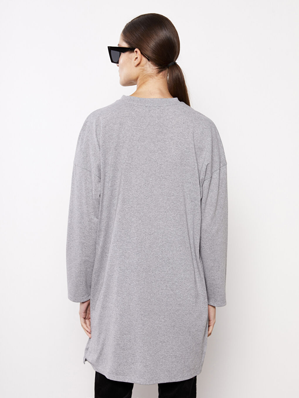 Gri Bisiklet Yaka Çiçekli Uzun Kollu Kadın Tunik-4