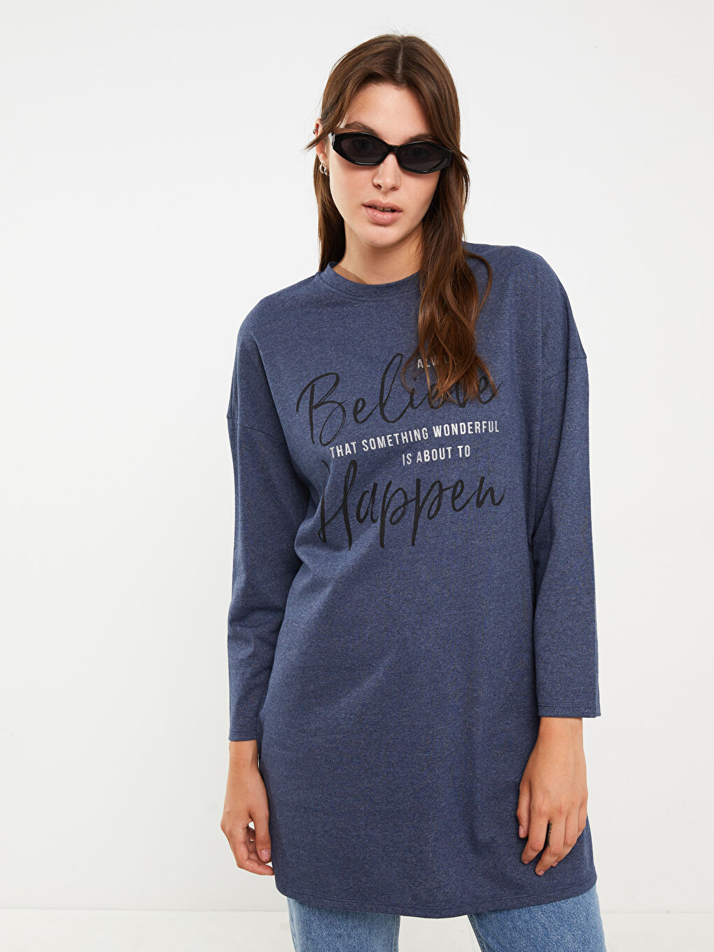 İndigo Bisiklet Yaka Baskılı Uzun Kollu Kadın Tunik