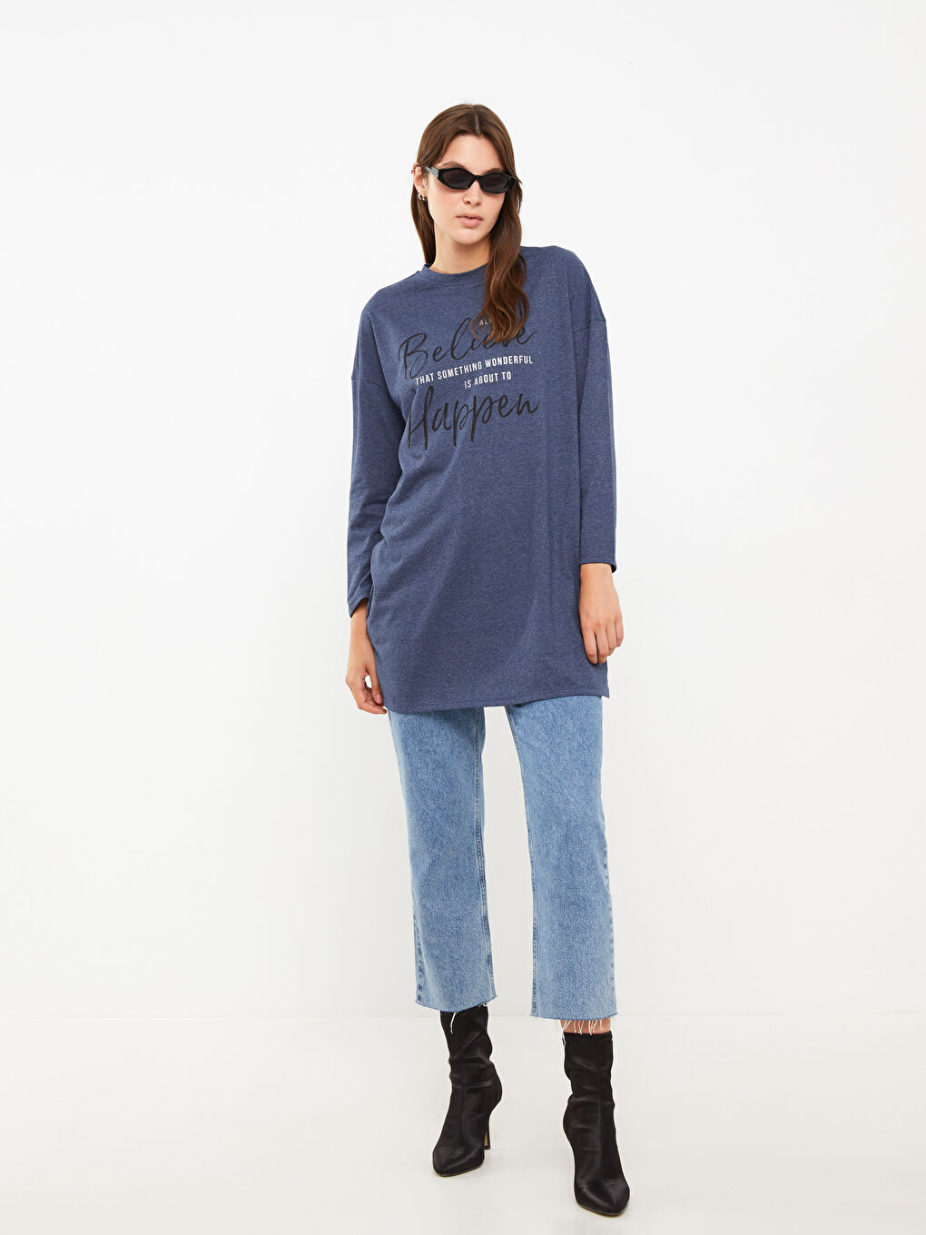 İndigo Bisiklet Yaka Baskılı Uzun Kollu Kadın Tunik-1