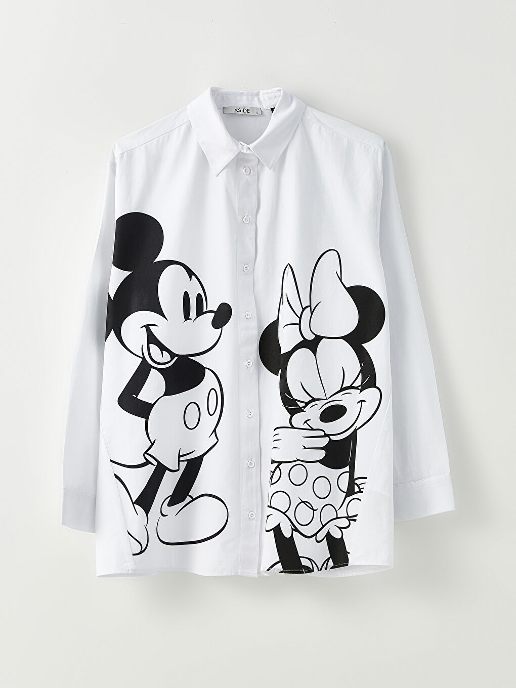 Beyaz Önden Düğme Kapamalı Mickey Mouse Baskılı Uzun Kollu Poplin Kadın Gömlek-5