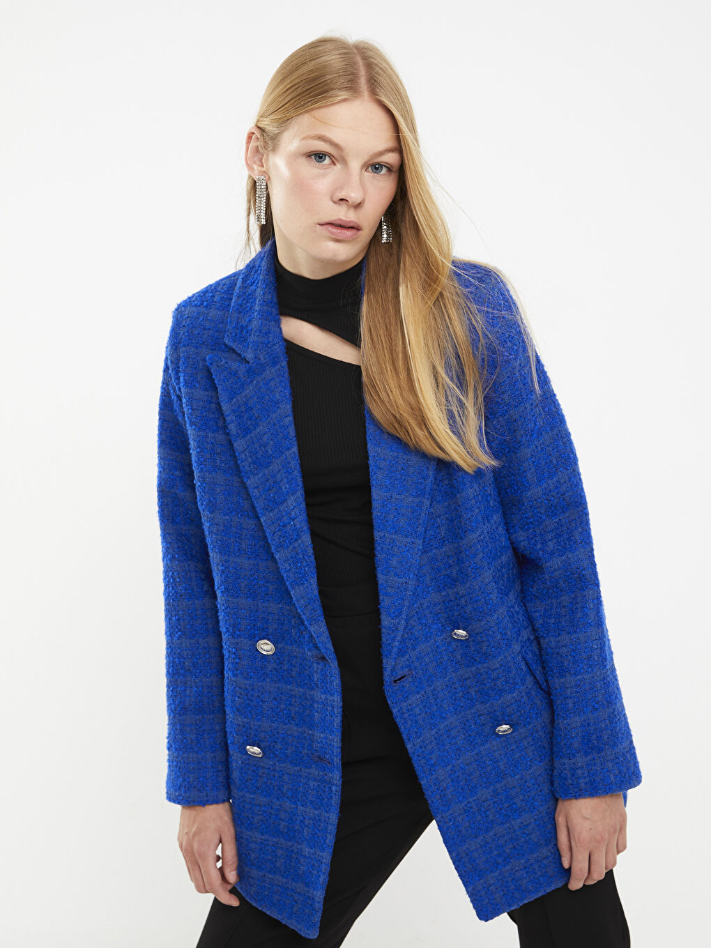 Lacivert Önden Düğme Kapamalı Düz Uzun Kollu Kadın Tüvit Blazer Ceket-2