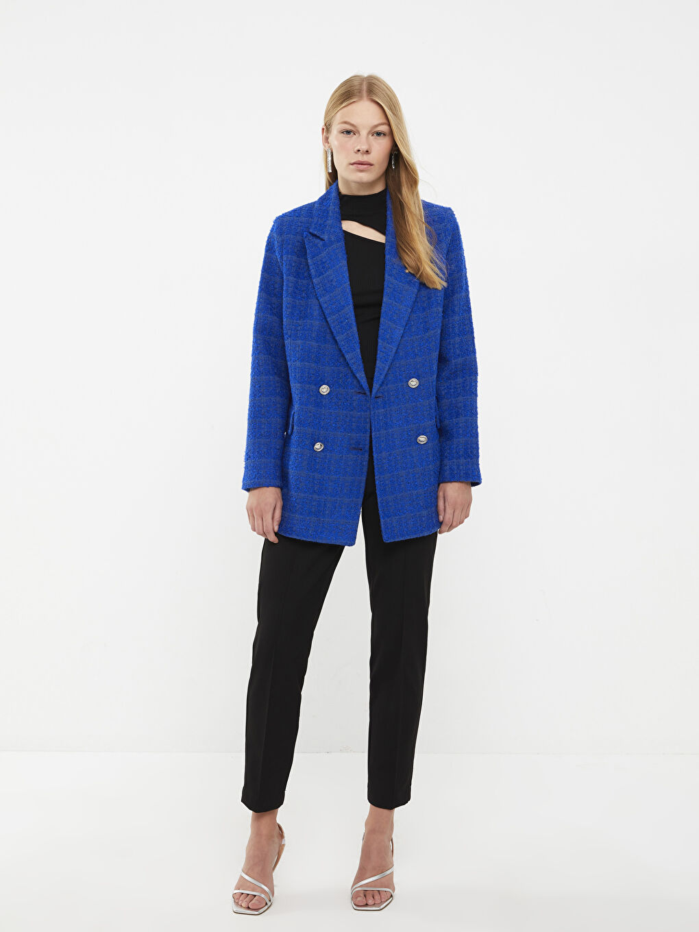 Lacivert Önden Düğme Kapamalı Düz Uzun Kollu Kadın Tüvit Blazer Ceket-3