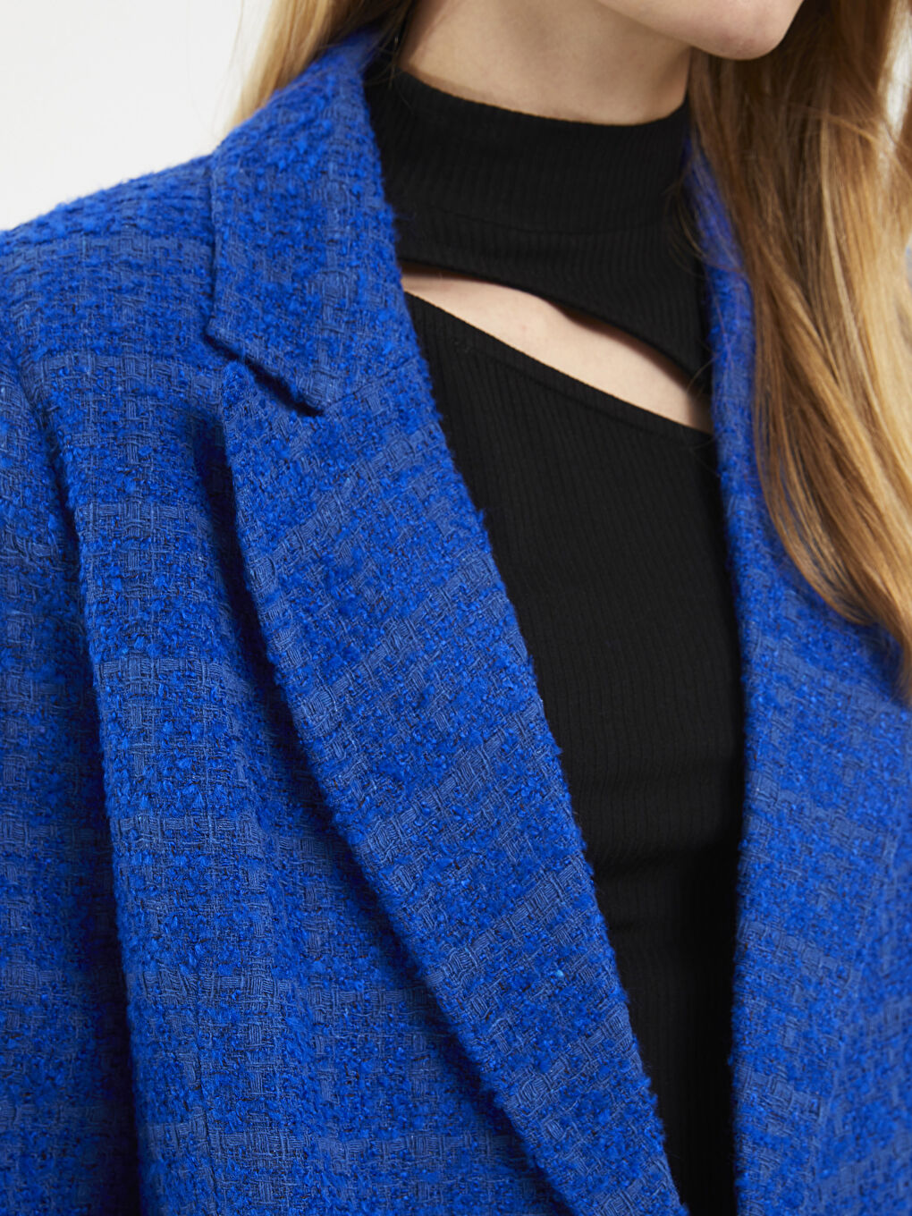 Lacivert Önden Düğme Kapamalı Düz Uzun Kollu Kadın Tüvit Blazer Ceket-4