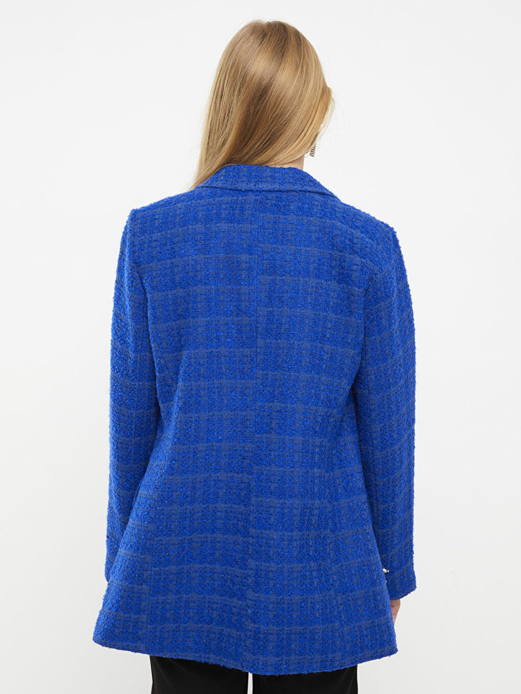 Lacivert Önden Düğme Kapamalı Düz Uzun Kollu Kadın Tüvit Blazer Ceket-5