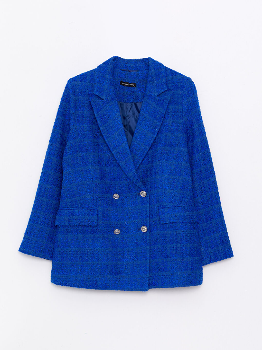 Lacivert Önden Düğme Kapamalı Düz Uzun Kollu Kadın Tüvit Blazer Ceket-6