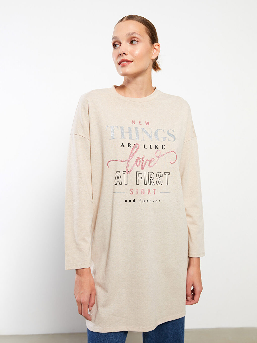 Tunică cu Guler Rotund, Imprimată, Mânecă Lungă pentru Femei-2