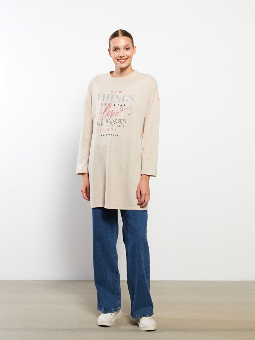 Tunică cu Guler Rotund, Imprimată, Mânecă Lungă pentru Femei-3