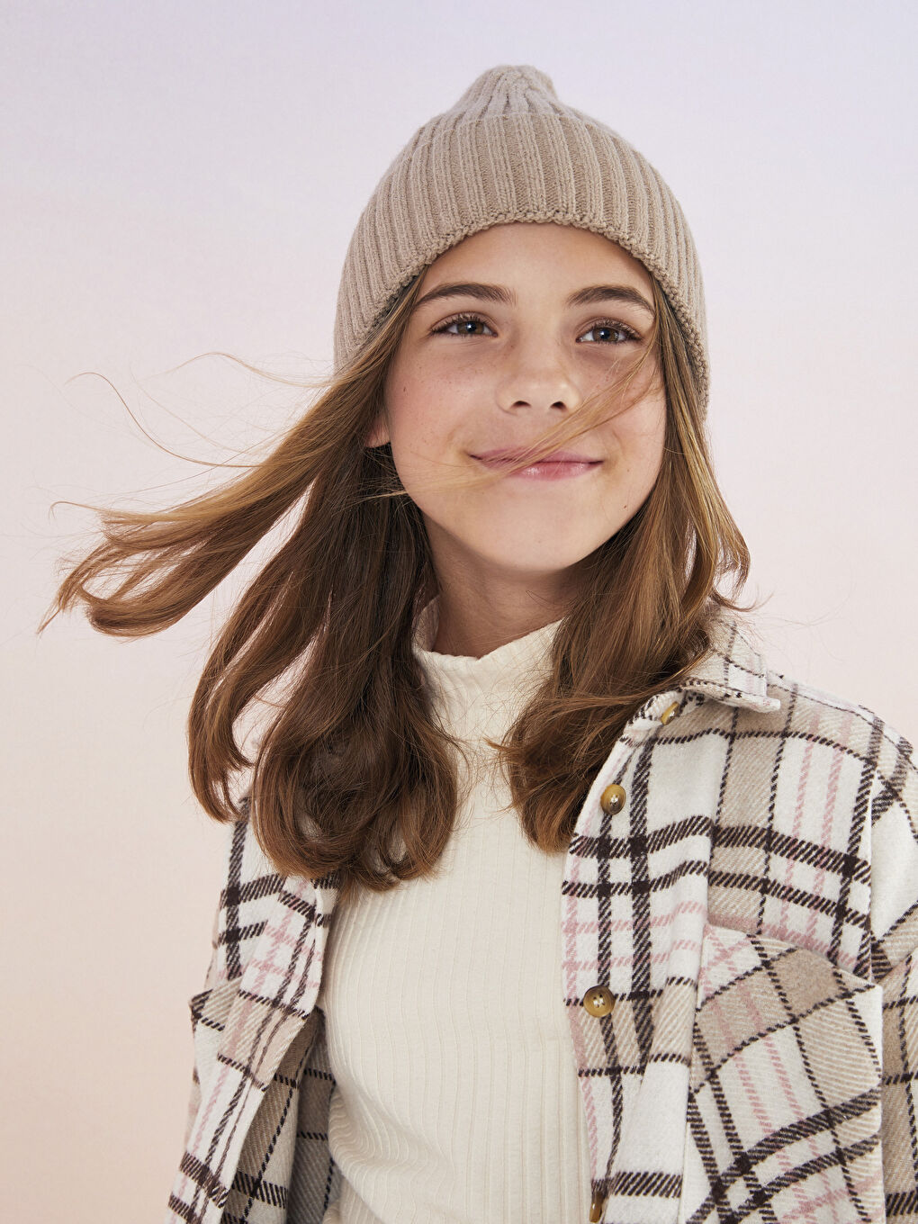 Bej Ekose Uzun Kollu Kız Çocuk Gömlek Ceket-3