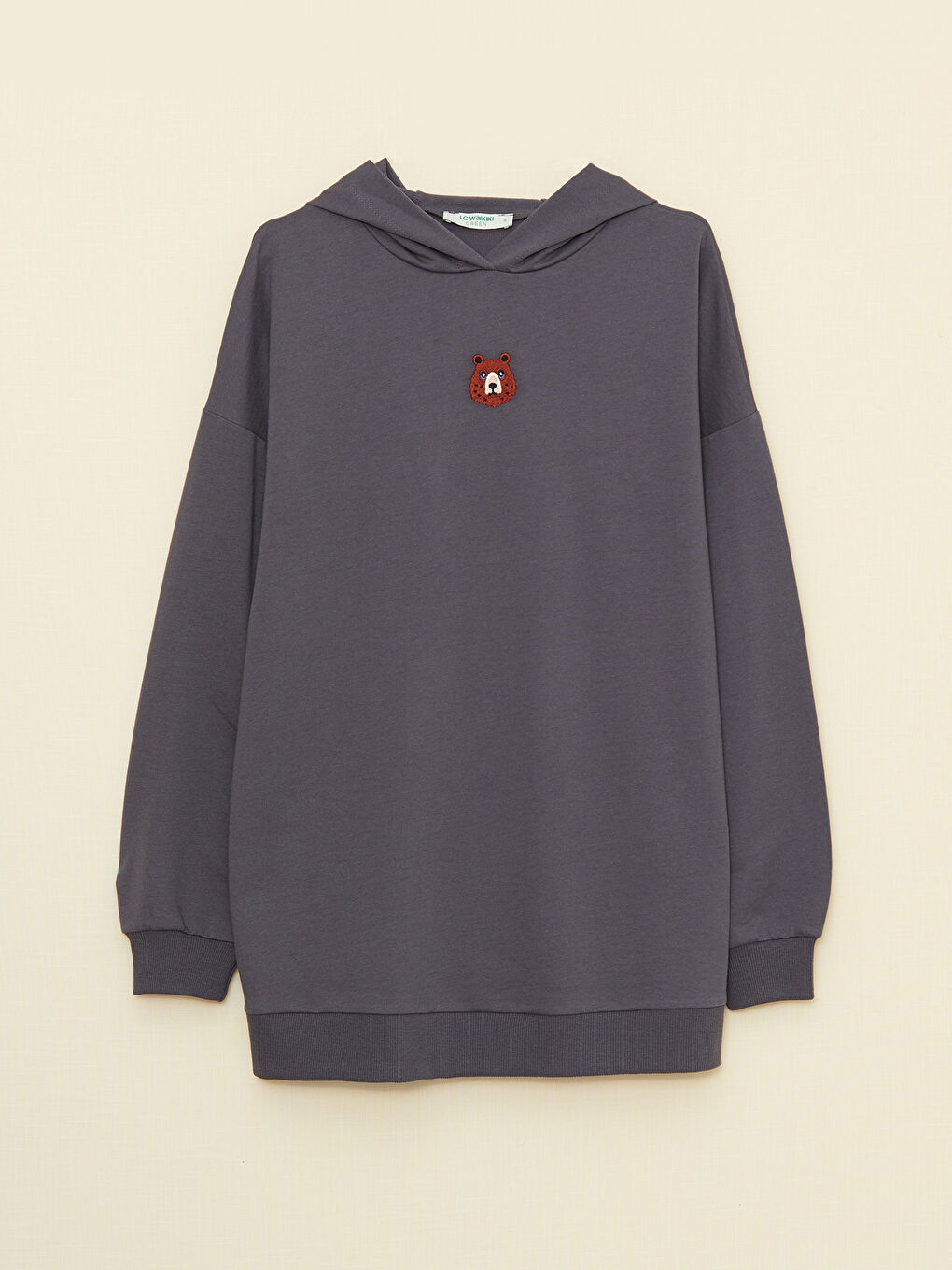 Gri Kapüşonlu Nakışlı Uzun Kollu Oversize Kadın Sweatshirt Tunik-6