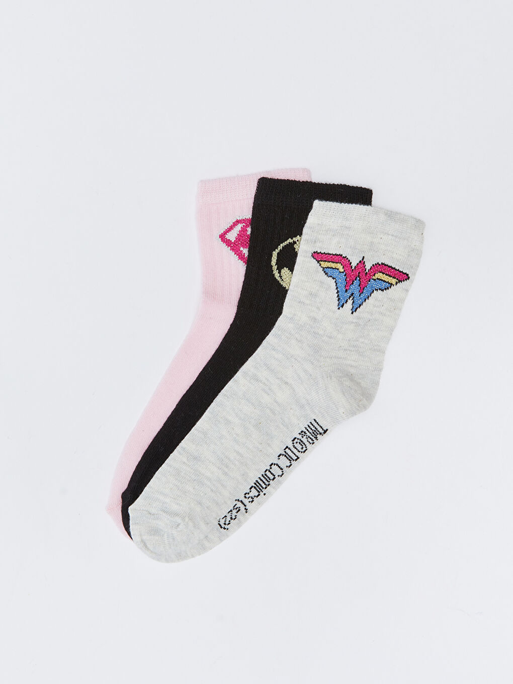 Gri Justice League Desenli Kız Çocuk Soket Çorap 3'lü-1