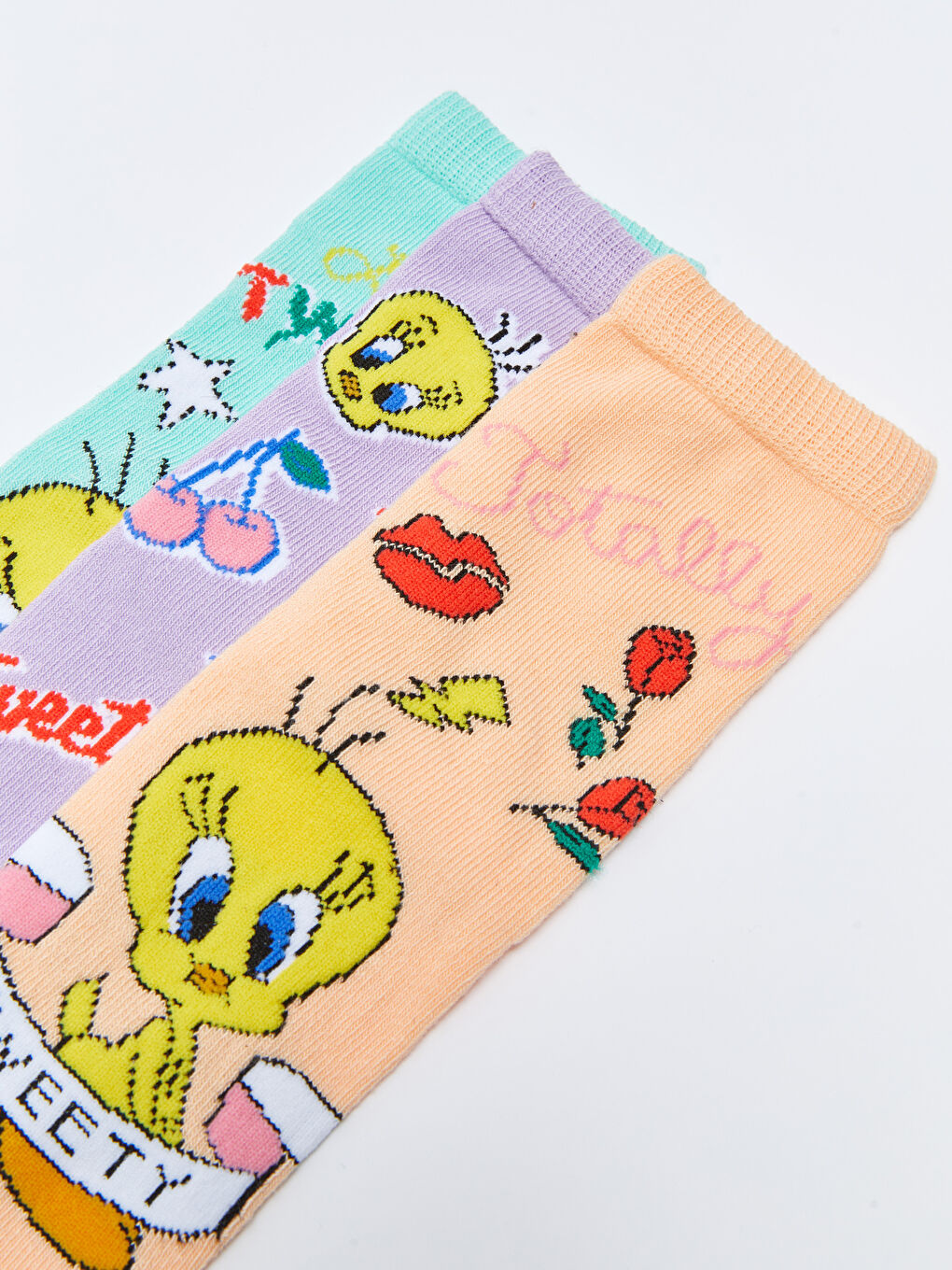 Pembe Tweety Desenli Kız Çocuk Soket Çorap 3'lü-3