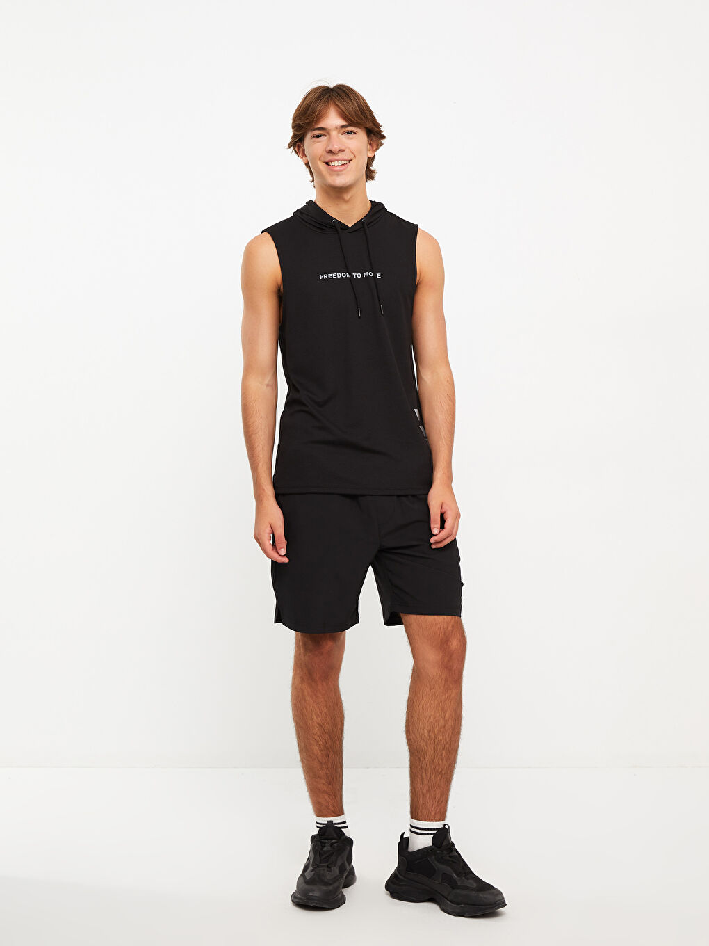 Siyah Kapüşonlu Baskılı Erkek Kolsuz Tişört-2