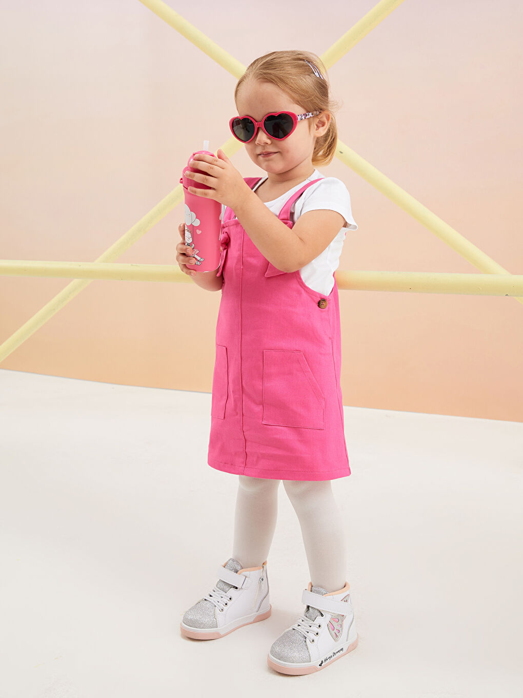 Pembe Beli Lastikli Baskılı Kız Bebek Elbise ve Külotlu Çorap 2'li-1