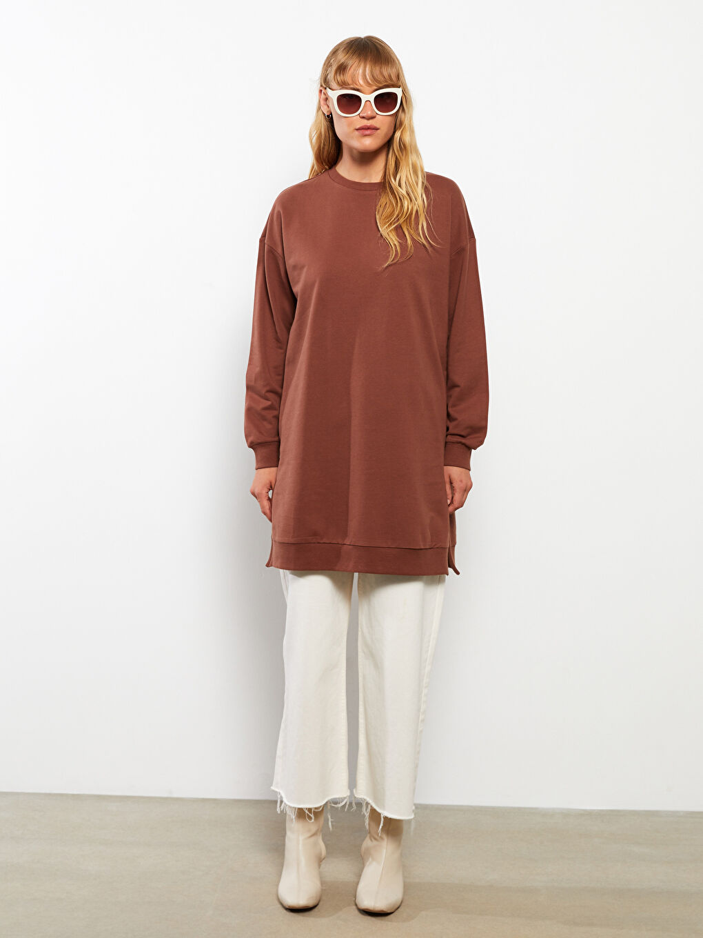 Crew Neck Plain Oversize Women's Sweatshirt Tunic-1