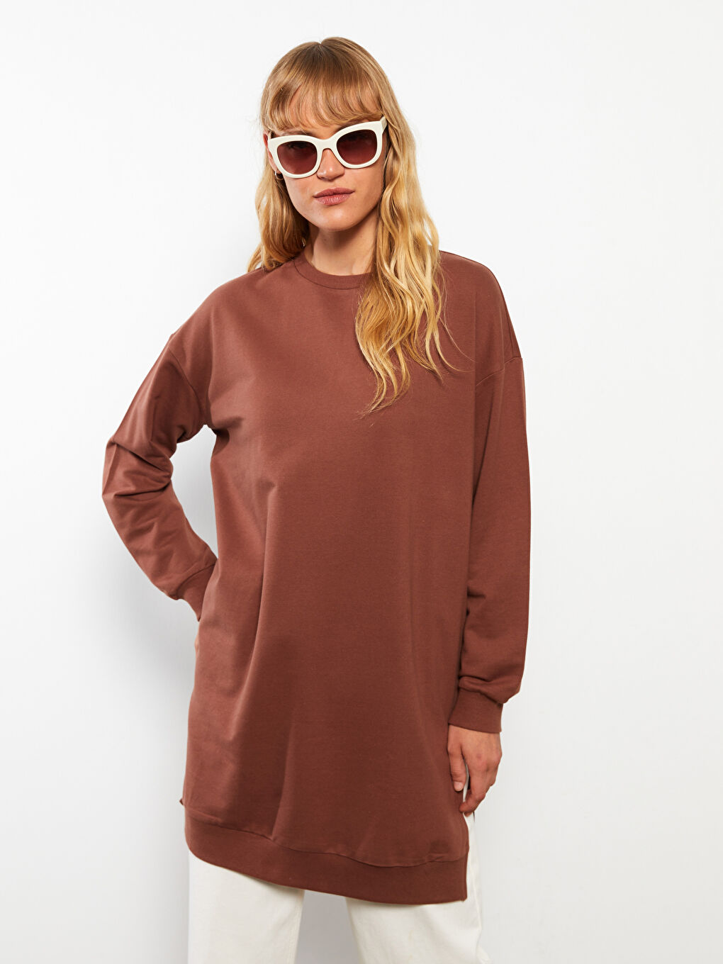 Crew Neck Plain Oversize Women's Sweatshirt Tunic-2