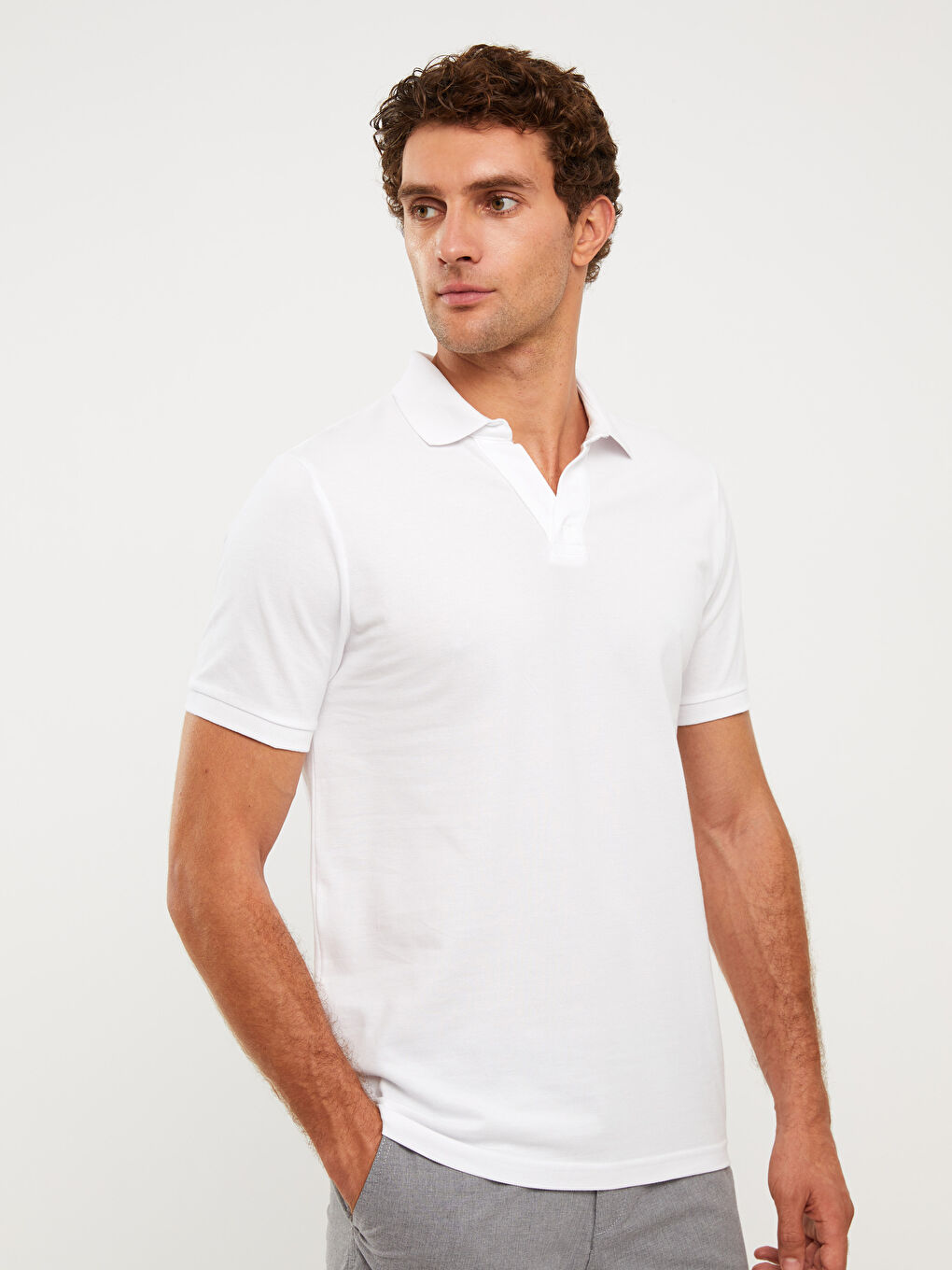 Beyaz Polo Yaka Kısa Kollu Keten Erkek Tişört-1