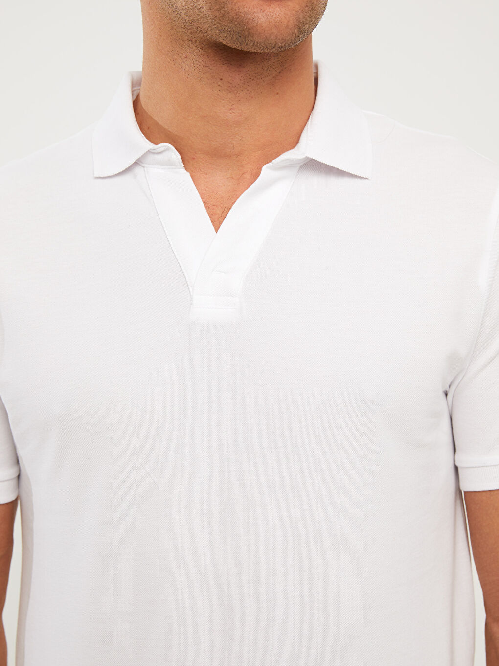 Beyaz Polo Yaka Kısa Kollu Keten Erkek Tişört-3