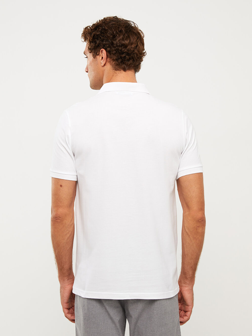 Beyaz Polo Yaka Kısa Kollu Keten Erkek Tişört-4