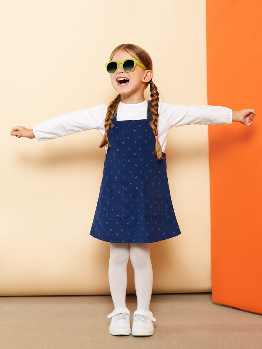 Square Collar Printed Baby Girl Salopette Dress and Pantyhose 2-Pack Set