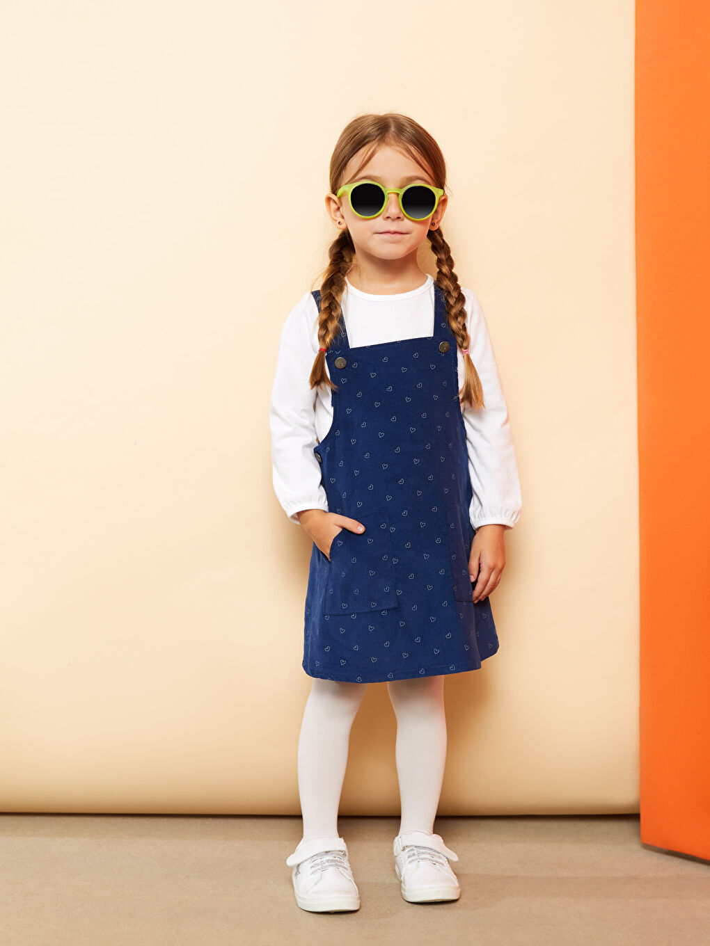 Square Collar Printed Baby Girl Salopette Dress and Pantyhose 2-Pack Set-1