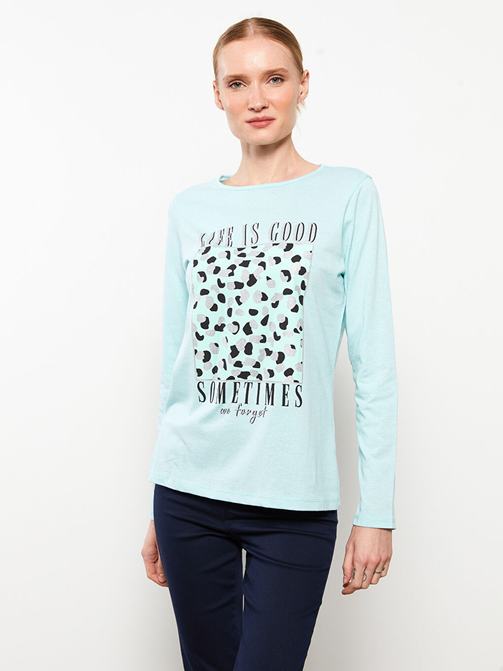 Crew Neck Printed Long Sleeve Women's T-Shirt-1