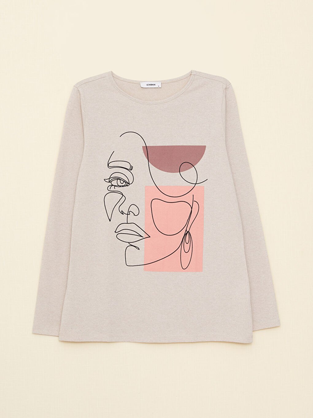 Bej Bisiklet Yaka Baskılı Uzun Kollu Kadın Tişört-5