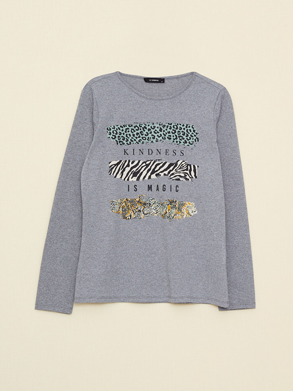 Gri Bisiklet Yaka Baskılı Uzun Kollu Kadın Tişört-5