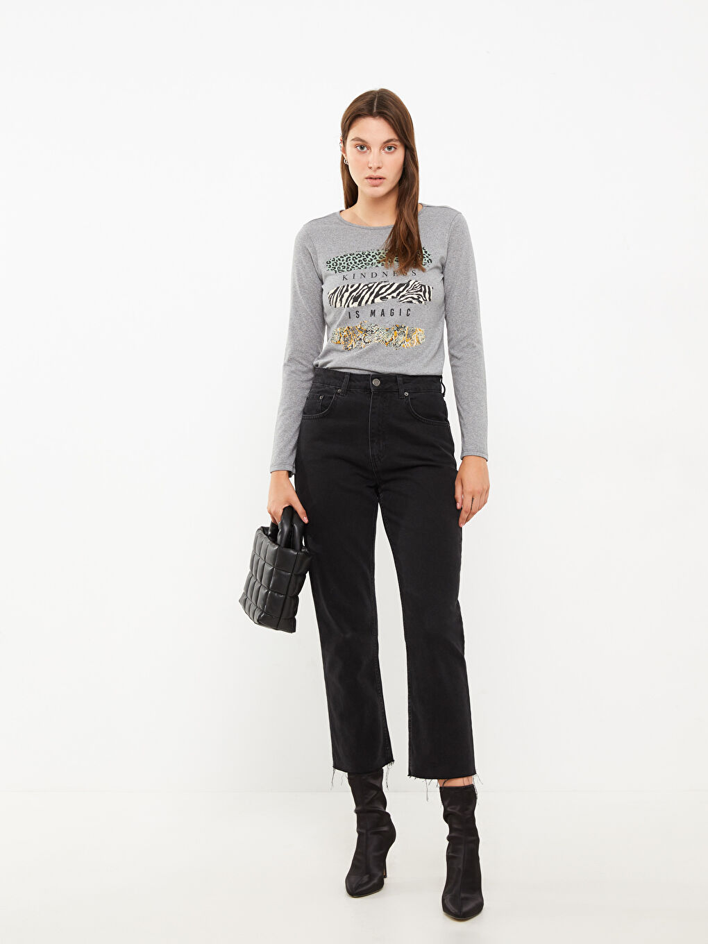 Gri Bisiklet Yaka Baskılı Uzun Kollu Kadın Tişört-2