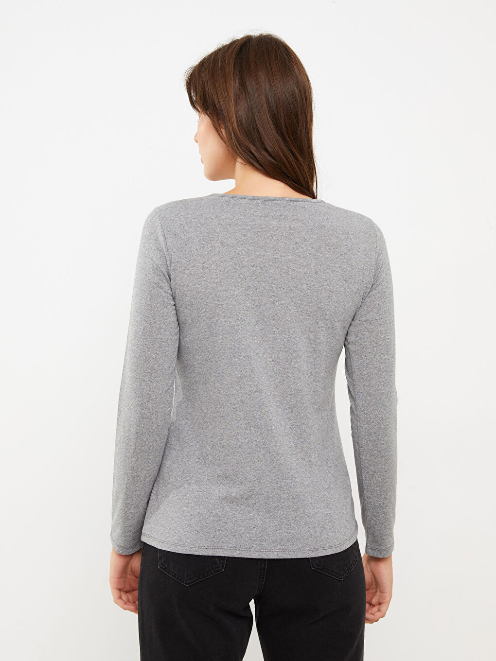 Gri Bisiklet Yaka Baskılı Uzun Kollu Kadın Tişört-4