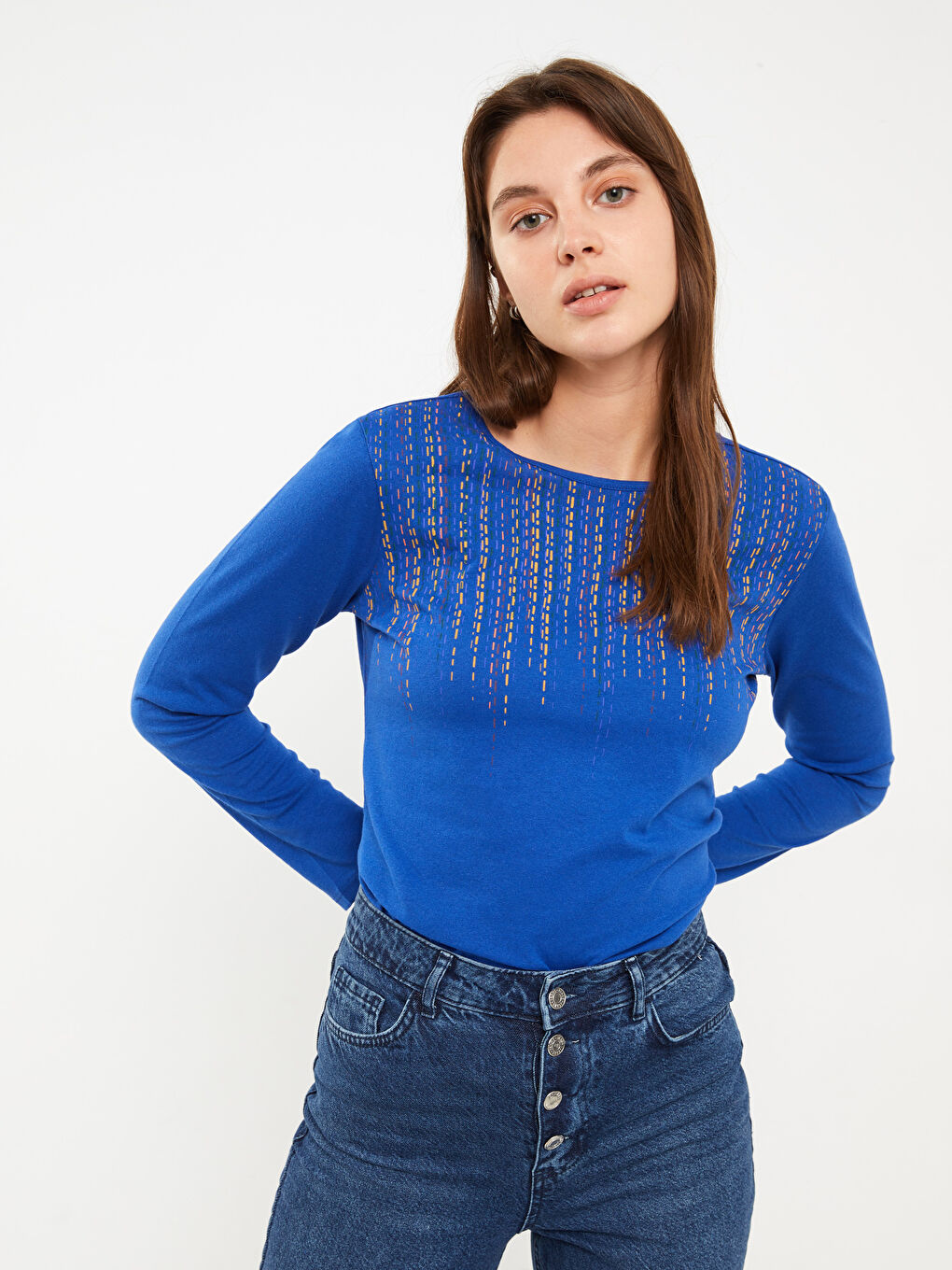 LCW ECO Crew Neck Patterned Long Sleeve Women's T-Shirt -W2EF92Z8-D1D