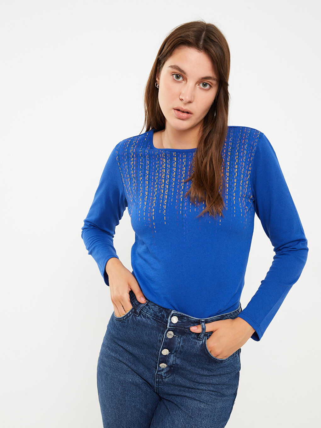 LCW ECO Crew Neck Patterned Long Sleeve Women's T-Shirt -W2EF92Z8-D1D