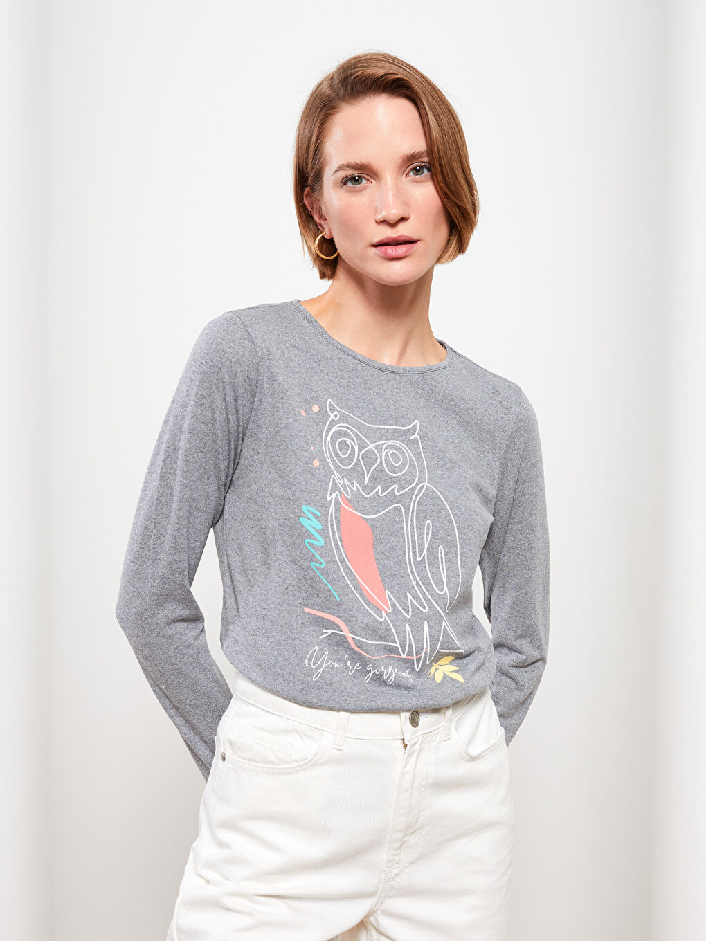 Gri Bisiklet Yaka Baskılı Uzun Kollu Kadın Tişört-2