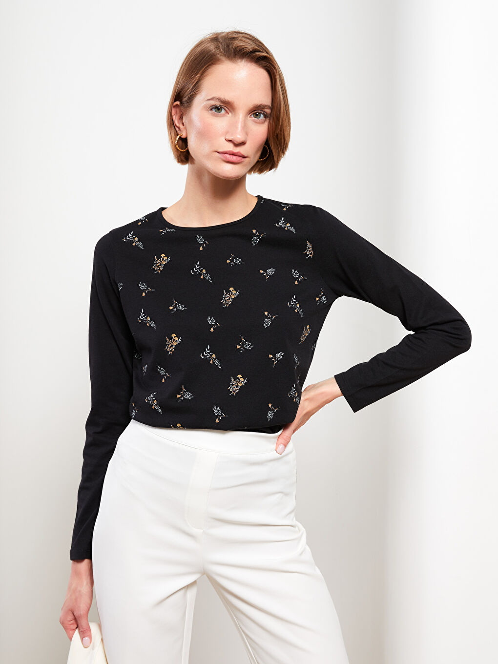 Crew Neck Patterned Long Sleeve Women's T-Shirt-2